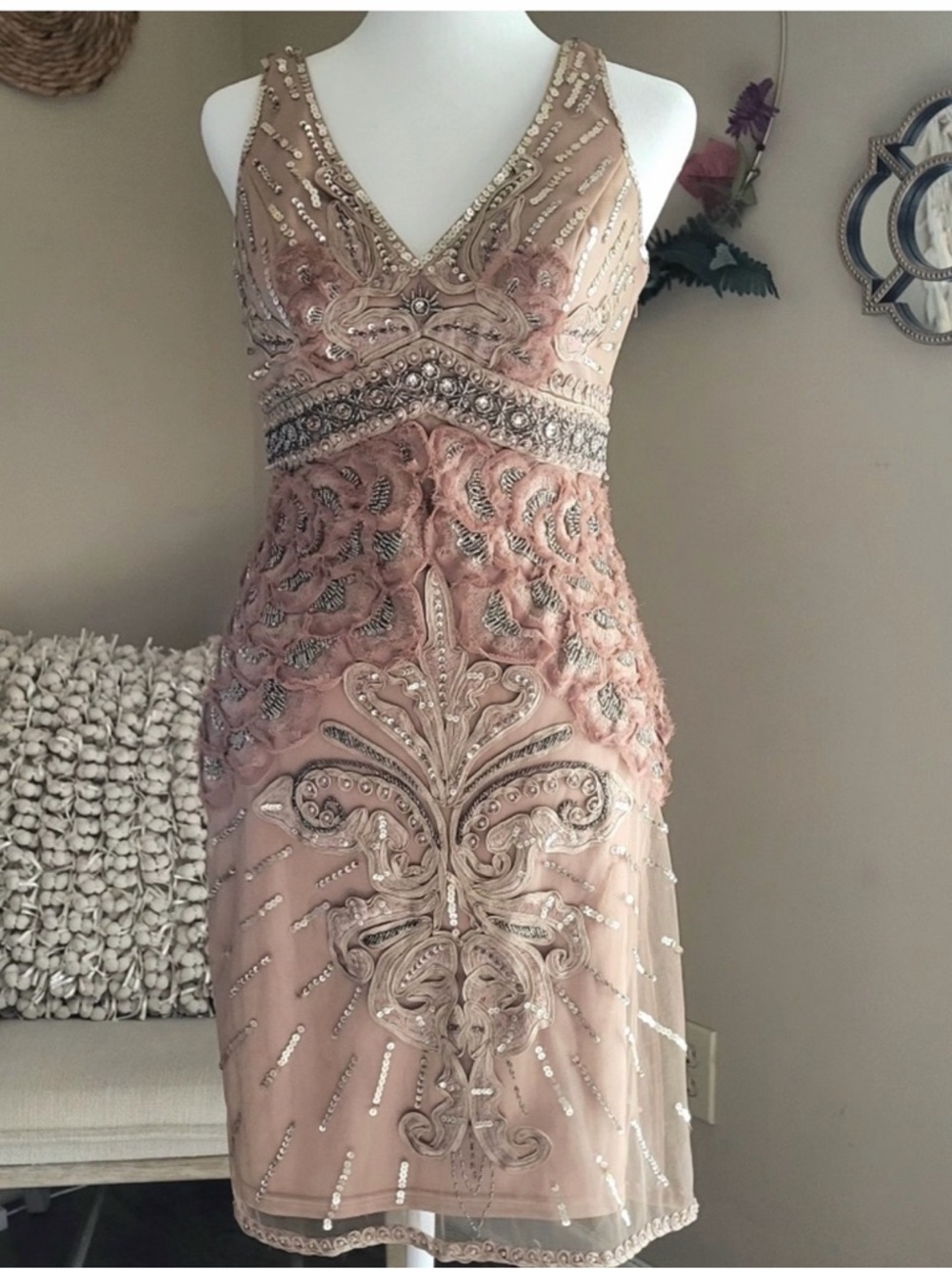 Sue Wong Cocktail Flapper Gatsby 20s Mini Dress Feather Sequin White Size 6